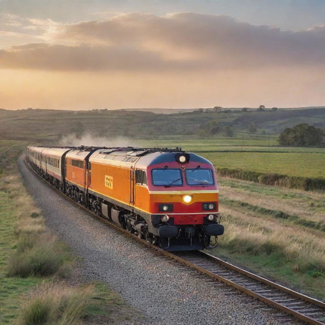 A CC 206 locomotive speeding on a rail track amidst a scenic countryside landscape at sunset, showing exquisite detailing and vitality