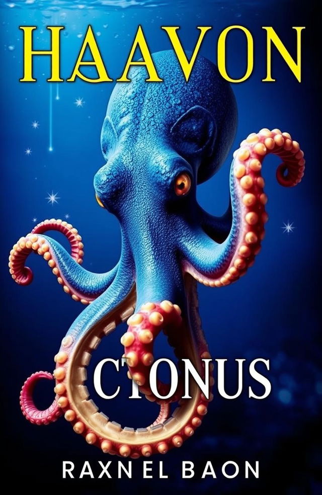 A dramatic and alluring book cover featuring half of a massive octopus with a vibrant blue body and striking golden eyes