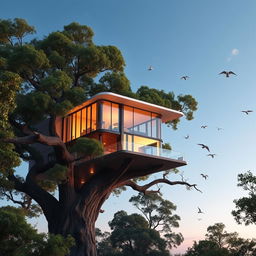 A futuristic house built high in a large, lush tree, showcasing modern architecture with sleek lines and eco-friendly materials