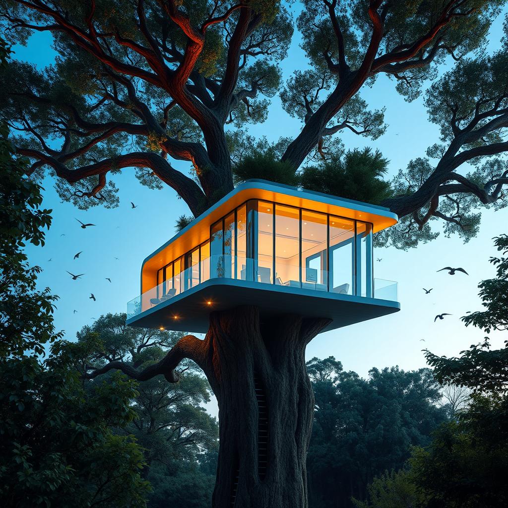 A futuristic house built high in a large, lush tree, showcasing modern architecture with sleek lines and eco-friendly materials