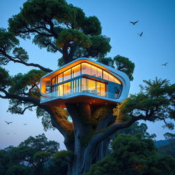 A futuristic house built high in a large, lush tree, showcasing modern architecture with sleek lines and eco-friendly materials