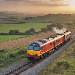 A CC 206 locomotive speeding on a rail track amidst a scenic countryside landscape at sunset, showing exquisite detailing and vitality