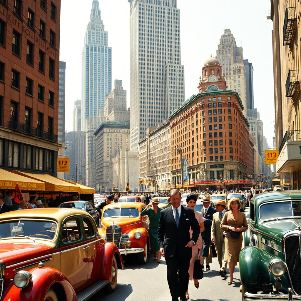 A vibrant street scene in 1930s New York City, capturing the bustling atmosphere of the era