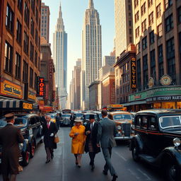A vibrant street scene in 1930s New York City, capturing the bustling atmosphere of the era