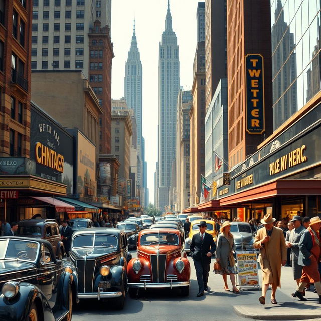 A vibrant street scene in 1930s New York City, capturing the bustling atmosphere of the era