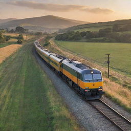 A CC 206 locomotive speeding on a rail track amidst a scenic countryside landscape at sunset, showing exquisite detailing and vitality