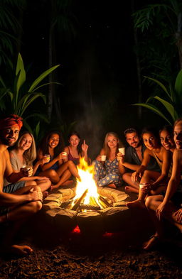 A serene scene depicting a diverse group of adults sitting around a glowing campfire in a lush forest at night