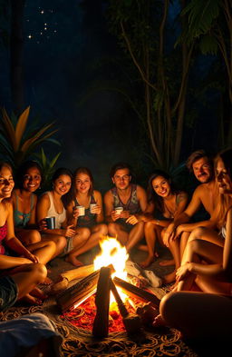 A serene scene depicting a diverse group of adults sitting around a glowing campfire in a lush forest at night