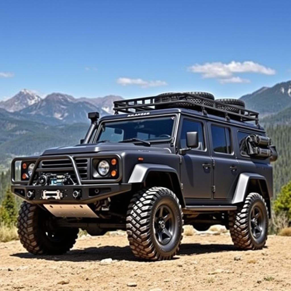 An Overland vehicle designed for expedition, specifically modeled for rugged terrains and extreme adventures, featuring a robust exterior with matte black finish, reinforced bumpers, and oversized all-terrain tires