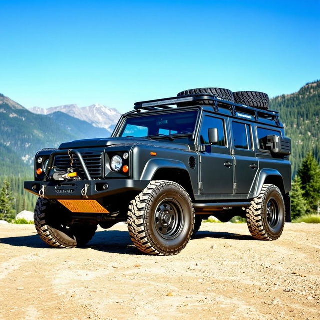 An Overland vehicle designed for expedition, specifically modeled for rugged terrains and extreme adventures, featuring a robust exterior with matte black finish, reinforced bumpers, and oversized all-terrain tires