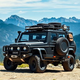An Overland vehicle designed for expedition, specifically modeled for rugged terrains and extreme adventures, featuring a robust exterior with matte black finish, reinforced bumpers, and oversized all-terrain tires