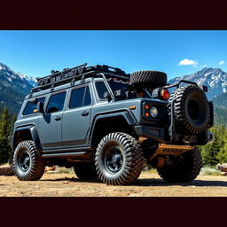 An Overland vehicle designed for expedition, specifically modeled for rugged terrains and extreme adventures, featuring a robust exterior with matte black finish, reinforced bumpers, and oversized all-terrain tires