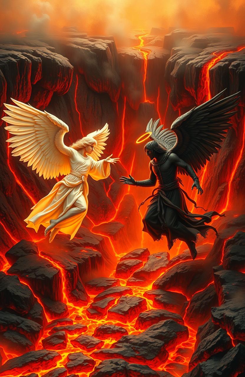 A dramatic scene depicting a fierce battle between a good angel and a bad angel inside a fiery volcano, surrounded by molten lava