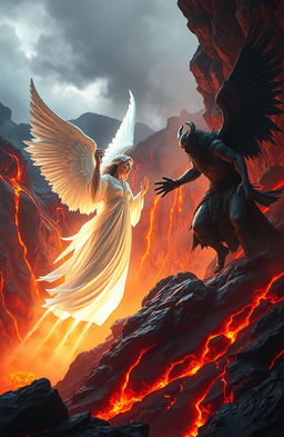 A dramatic scene depicting a fierce battle between a good angel and a bad angel inside a fiery volcano, surrounded by molten lava