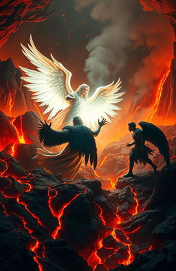 A dramatic scene depicting a fierce battle between a good angel and a bad angel inside a fiery volcano, surrounded by molten lava