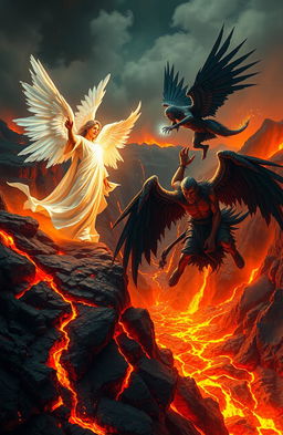 A dramatic scene depicting a fierce battle between a good angel and a bad angel inside a fiery volcano, surrounded by molten lava