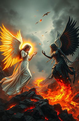 A dramatic scene depicting a good woman angel and a bad woman angel facing off within a volcanic landscape