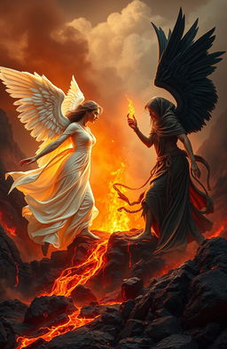 A dramatic scene depicting a good woman angel and a bad woman angel facing off within a volcanic landscape