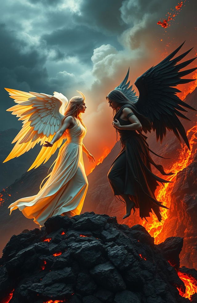 A dramatic scene depicting a good woman angel and a bad woman angel facing off within a volcanic landscape