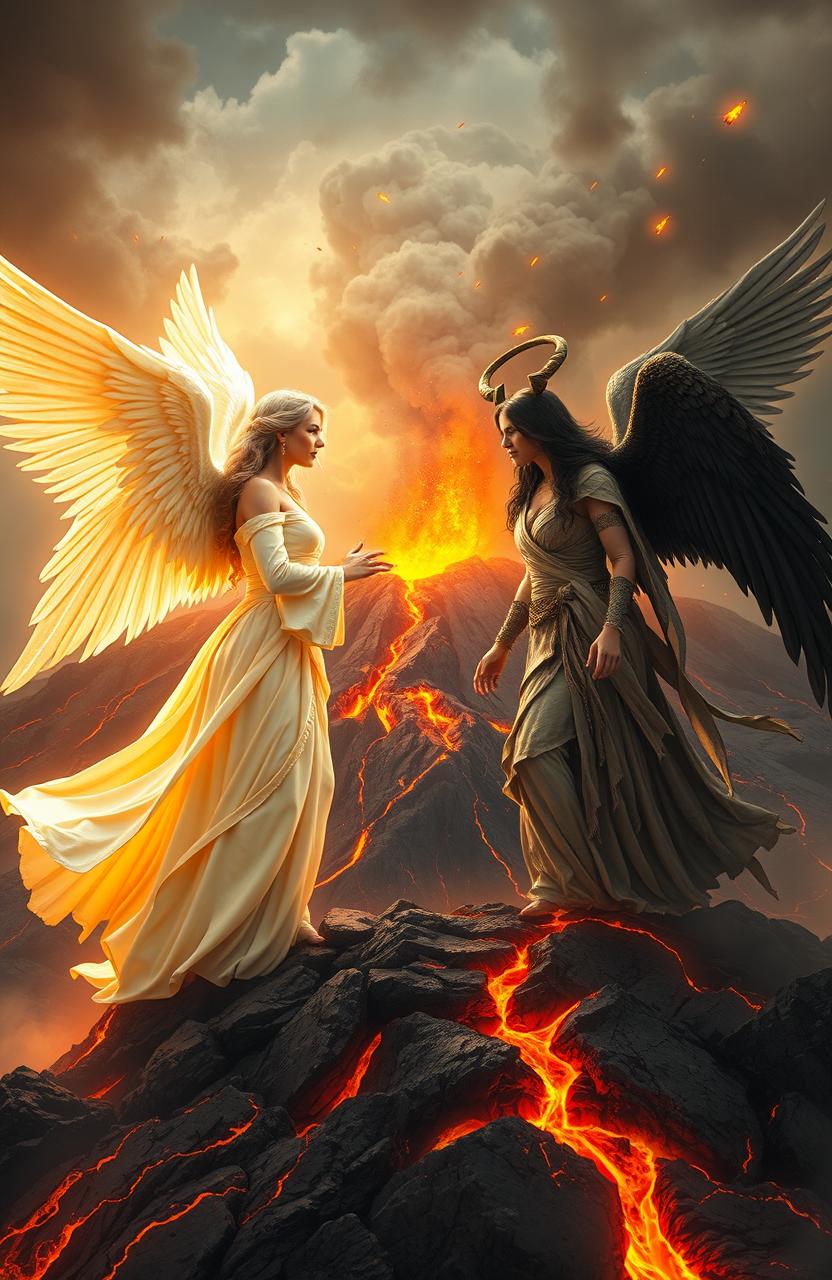 A dramatic scene depicting a good woman angel and a bad woman angel facing off within a volcanic landscape