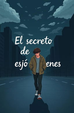 A 2D art style illustration of a teenager wearing a stylish, oversized jacket, strolling down an empty road in the midst of a dark city