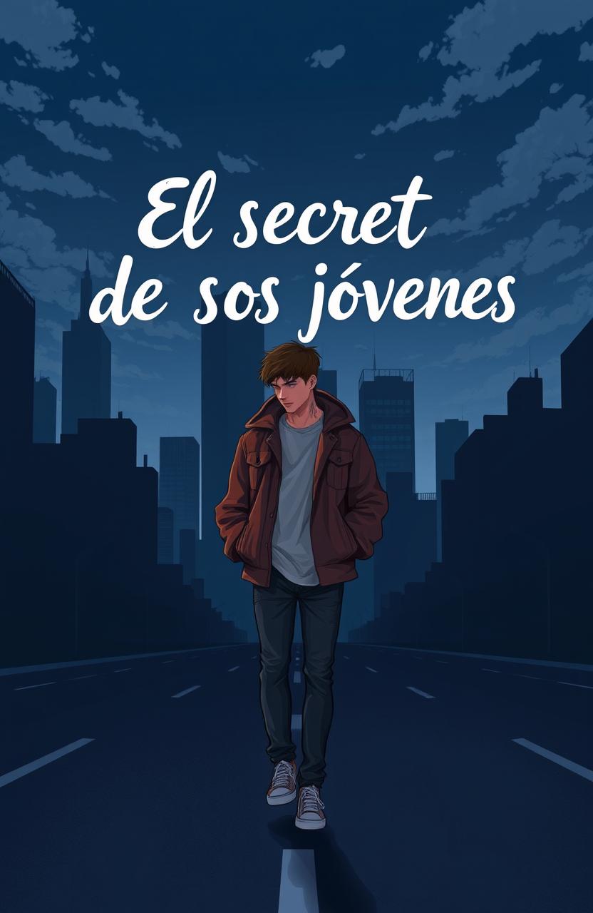 A 2D art style illustration of a teenager wearing a stylish, oversized jacket, strolling down an empty road in the midst of a dark city