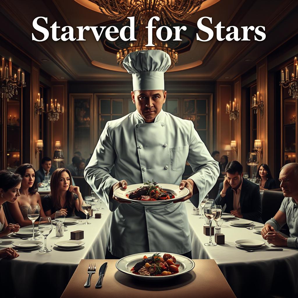 A provocative and darkly humorous movie poster featuring a charismatic yet sinister chef standing proudly in a sumptuous, upscale restaurant filled with glamorous celebrities