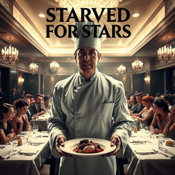 A provocative and darkly humorous movie poster featuring a charismatic yet sinister chef standing proudly in a sumptuous, upscale restaurant filled with glamorous celebrities
