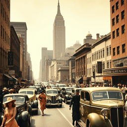 A nostalgic portrayal of 1930s New York City, featuring a lively street filled with vintage cars, bustling crowds, and people dressed in period-appropriate outfits, such as flapper dresses and fedora hats