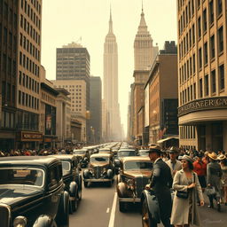 A nostalgic portrayal of 1930s New York City, featuring a lively street filled with vintage cars, bustling crowds, and people dressed in period-appropriate outfits, such as flapper dresses and fedora hats
