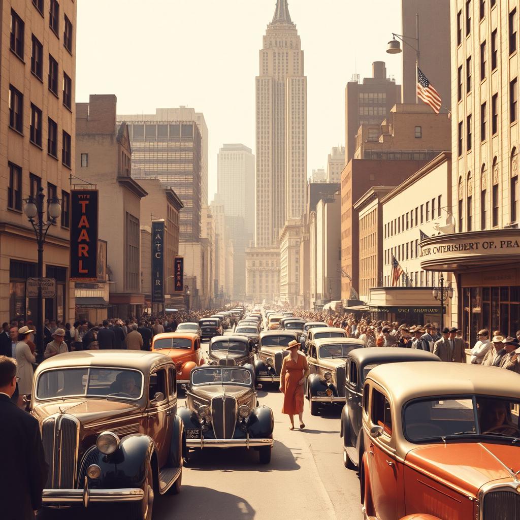 A nostalgic portrayal of 1930s New York City, featuring a lively street filled with vintage cars, bustling crowds, and people dressed in period-appropriate outfits, such as flapper dresses and fedora hats