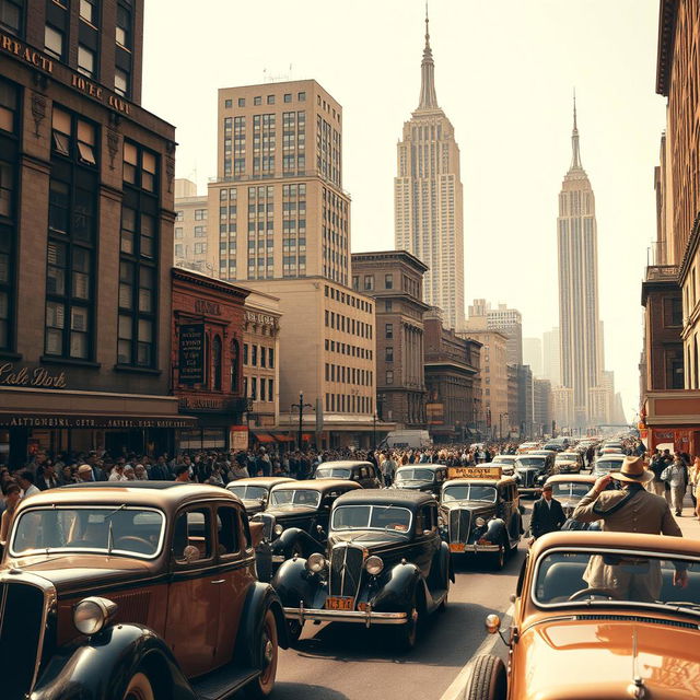 A nostalgic portrayal of 1930s New York City, featuring a lively street filled with vintage cars, bustling crowds, and people dressed in period-appropriate outfits, such as flapper dresses and fedora hats