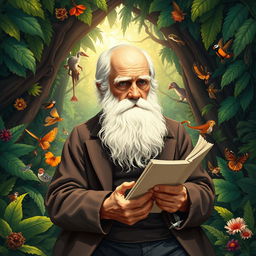A captivating illustration depicting Charles Darwin in a thoughtful pose, surrounded by his scientific works and the concept of evolution