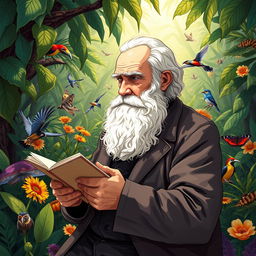 A captivating illustration depicting Charles Darwin in a thoughtful pose, surrounded by his scientific works and the concept of evolution