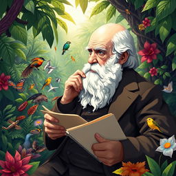 A captivating illustration depicting Charles Darwin in a thoughtful pose, surrounded by his scientific works and the concept of evolution