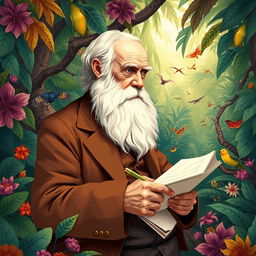 A captivating illustration depicting Charles Darwin in a thoughtful pose, surrounded by his scientific works and the concept of evolution