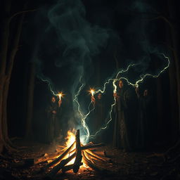 An eerie scene of a campfire surrounded by dense, dark woods at night