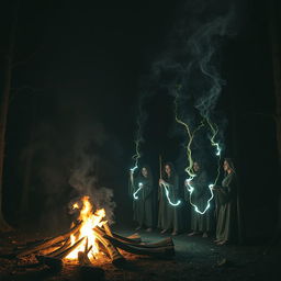 An eerie scene of a campfire surrounded by dense, dark woods at night