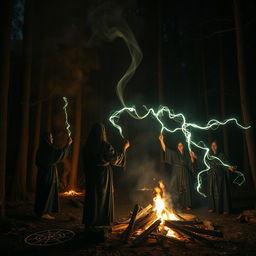 An eerie scene of a campfire surrounded by dense, dark woods at night