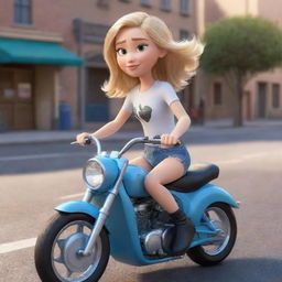 A Disney-Pixar styled girl with blonde hair joyously riding a sleek motorbike.