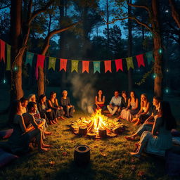A vibrant and evocative scene of a campfire ceremony, set in a lush forest clearing at dusk