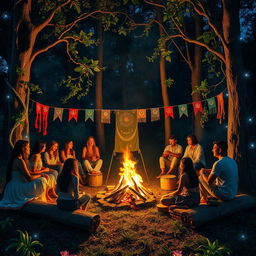 A vibrant and evocative scene of a campfire ceremony, set in a lush forest clearing at dusk