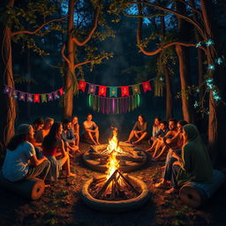 A vibrant and evocative scene of a campfire ceremony, set in a lush forest clearing at dusk