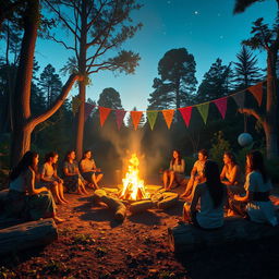 A vibrant and evocative scene of a campfire ceremony, set in a lush forest clearing at dusk