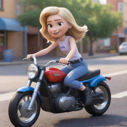 A Disney-Pixar styled girl with blonde hair joyously riding a sleek motorbike.