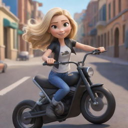 A Disney-Pixar styled girl with blonde hair joyously riding a sleek motorbike.