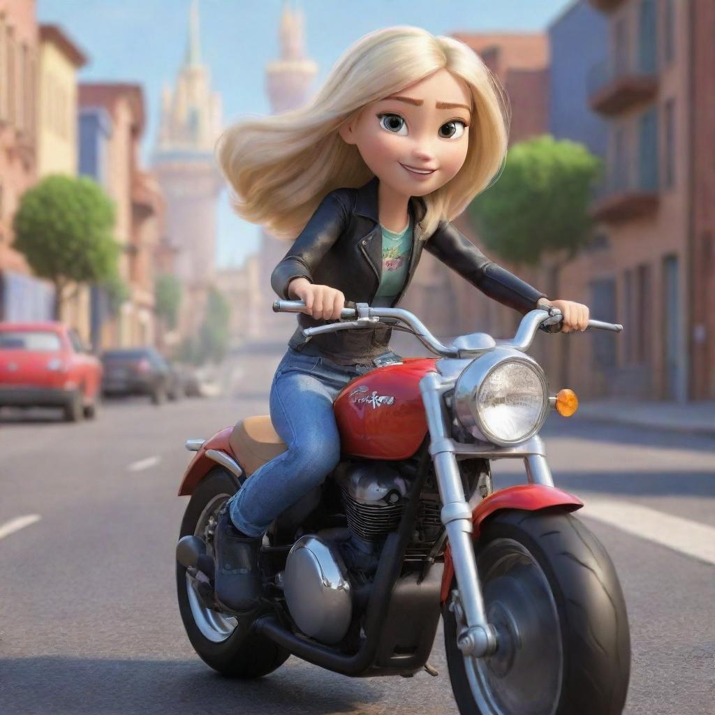 A Disney-Pixar styled girl with blonde hair joyously riding a sleek motorbike.