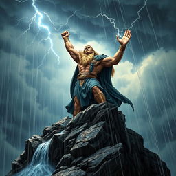 A powerful Norse god standing majestically atop a rocky cliff, with dramatic rain pouring down around him