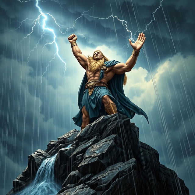 A powerful Norse god standing majestically atop a rocky cliff, with dramatic rain pouring down around him