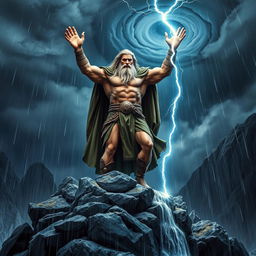 A powerful Norse god standing majestically atop a rocky cliff, with dramatic rain pouring down around him
